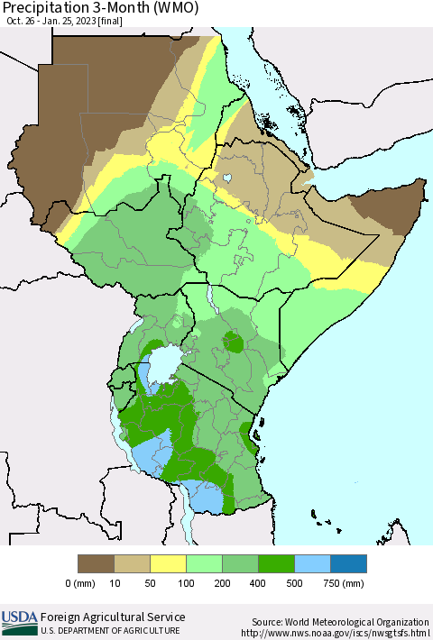 Eastern Africa Precipitation 3-Month (WMO) Thematic Map For 10/26/2022 - 1/25/2023