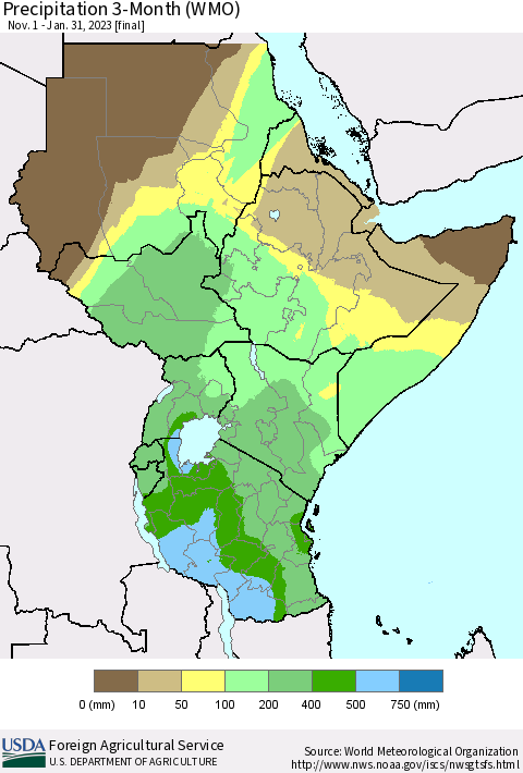 Eastern Africa Precipitation 3-Month (WMO) Thematic Map For 11/1/2022 - 1/31/2023