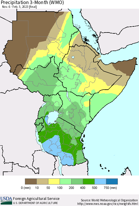 Eastern Africa Precipitation 3-Month (WMO) Thematic Map For 11/6/2022 - 2/5/2023