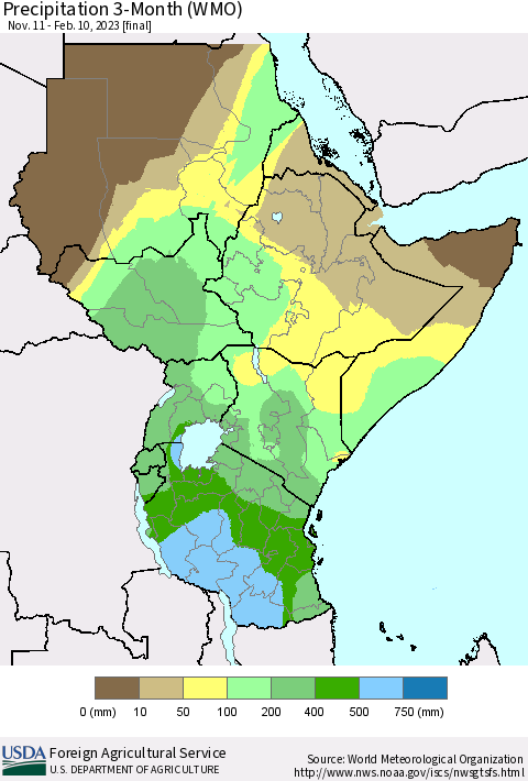 Eastern Africa Precipitation 3-Month (WMO) Thematic Map For 11/11/2022 - 2/10/2023