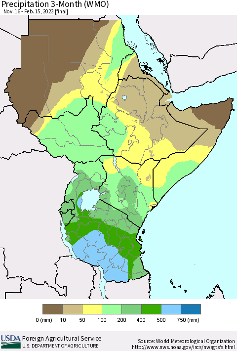 Eastern Africa Precipitation 3-Month (WMO) Thematic Map For 11/16/2022 - 2/15/2023