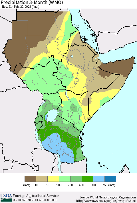 Eastern Africa Precipitation 3-Month (WMO) Thematic Map For 11/21/2022 - 2/20/2023