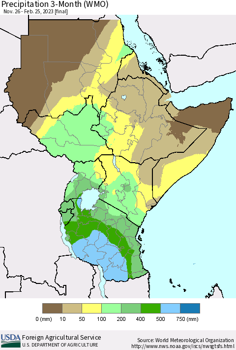 Eastern Africa Precipitation 3-Month (WMO) Thematic Map For 11/26/2022 - 2/25/2023
