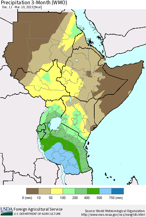 Eastern Africa Precipitation 3-Month (WMO) Thematic Map For 12/11/2022 - 3/10/2023
