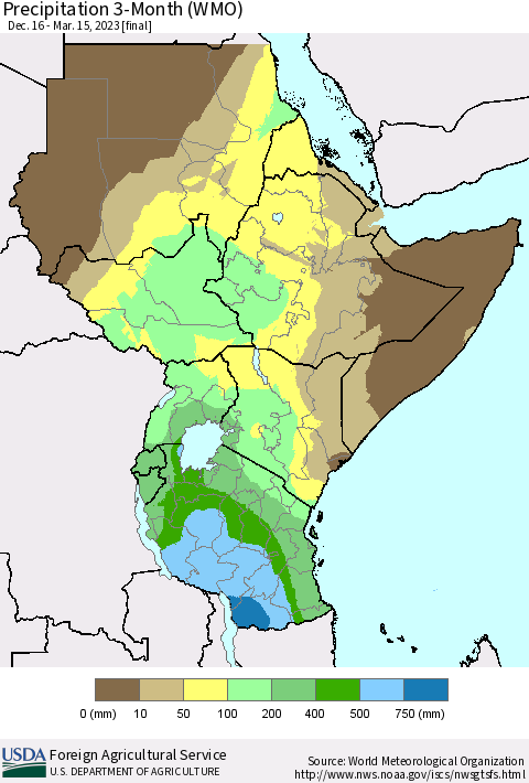 Eastern Africa Precipitation 3-Month (WMO) Thematic Map For 12/16/2022 - 3/15/2023