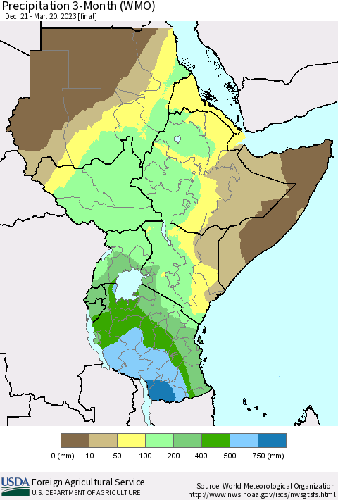 Eastern Africa Precipitation 3-Month (WMO) Thematic Map For 12/21/2022 - 3/20/2023
