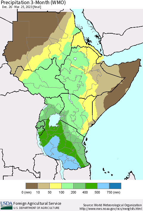 Eastern Africa Precipitation 3-Month (WMO) Thematic Map For 12/26/2022 - 3/25/2023