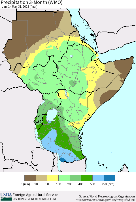 Eastern Africa Precipitation 3-Month (WMO) Thematic Map For 1/1/2023 - 3/31/2023