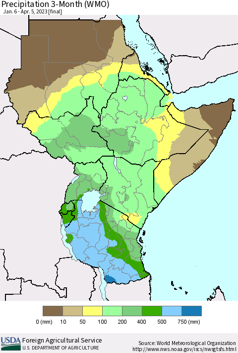 Eastern Africa Precipitation 3-Month (WMO) Thematic Map For 1/6/2023 - 4/5/2023