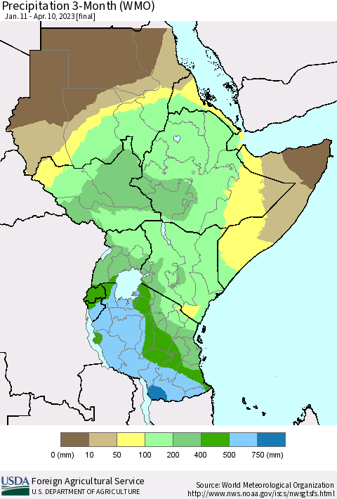 Eastern Africa Precipitation 3-Month (WMO) Thematic Map For 1/11/2023 - 4/10/2023