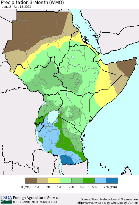 Eastern Africa Precipitation 3-Month (WMO) Thematic Map For 1/16/2023 - 4/15/2023
