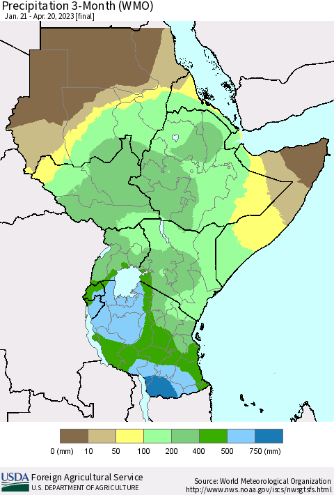 Eastern Africa Precipitation 3-Month (WMO) Thematic Map For 1/21/2023 - 4/20/2023