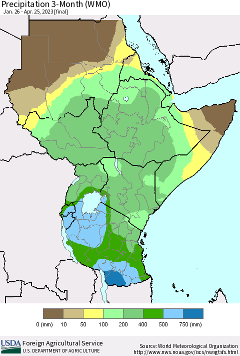 Eastern Africa Precipitation 3-Month (WMO) Thematic Map For 1/26/2023 - 4/25/2023