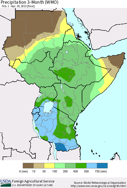 Eastern Africa Precipitation 3-Month (WMO) Thematic Map For 2/1/2023 - 4/30/2023
