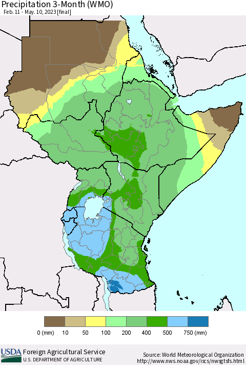 Eastern Africa Precipitation 3-Month (WMO) Thematic Map For 2/11/2023 - 5/10/2023