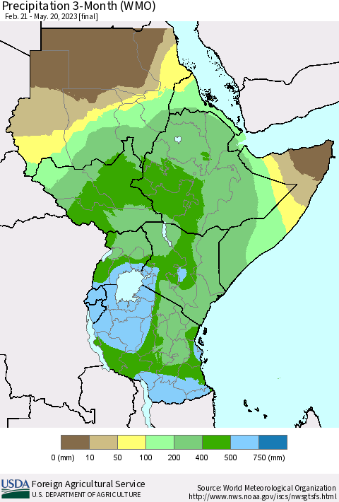 Eastern Africa Precipitation 3-Month (WMO) Thematic Map For 2/21/2023 - 5/20/2023