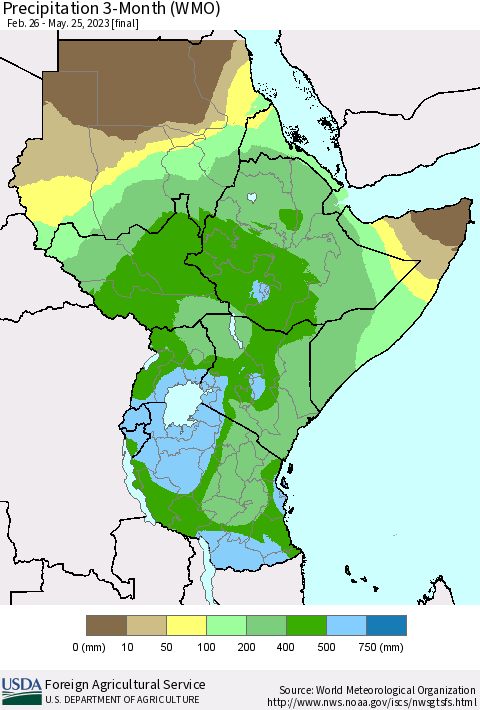 Eastern Africa Precipitation 3-Month (WMO) Thematic Map For 2/26/2023 - 5/25/2023