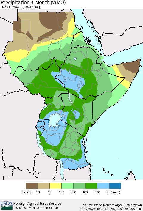 Eastern Africa Precipitation 3-Month (WMO) Thematic Map For 3/1/2023 - 5/31/2023