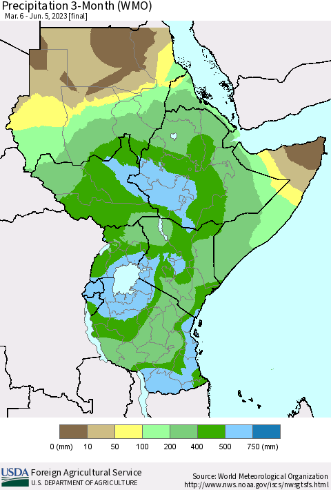 Eastern Africa Precipitation 3-Month (WMO) Thematic Map For 3/6/2023 - 6/5/2023
