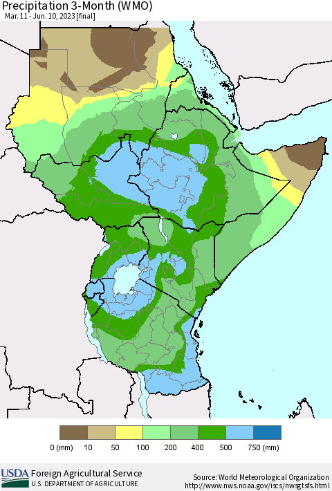 Eastern Africa Precipitation 3-Month (WMO) Thematic Map For 3/11/2023 - 6/10/2023
