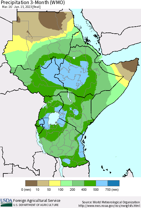 Eastern Africa Precipitation 3-Month (WMO) Thematic Map For 3/16/2023 - 6/15/2023