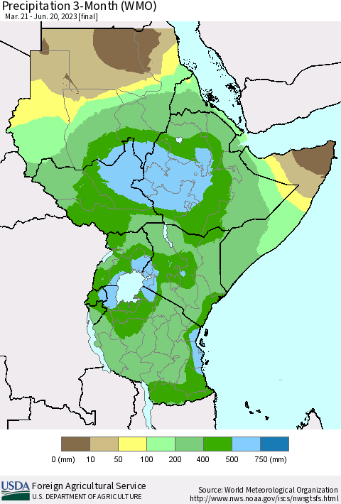 Eastern Africa Precipitation 3-Month (WMO) Thematic Map For 3/21/2023 - 6/20/2023