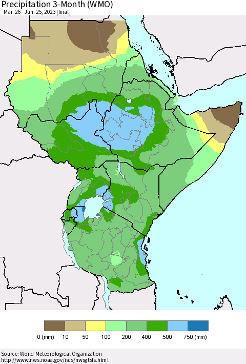Eastern Africa Precipitation 3-Month (WMO) Thematic Map For 3/26/2023 - 6/25/2023