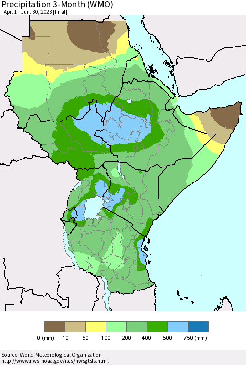 Eastern Africa Precipitation 3-Month (WMO) Thematic Map For 4/1/2023 - 6/30/2023