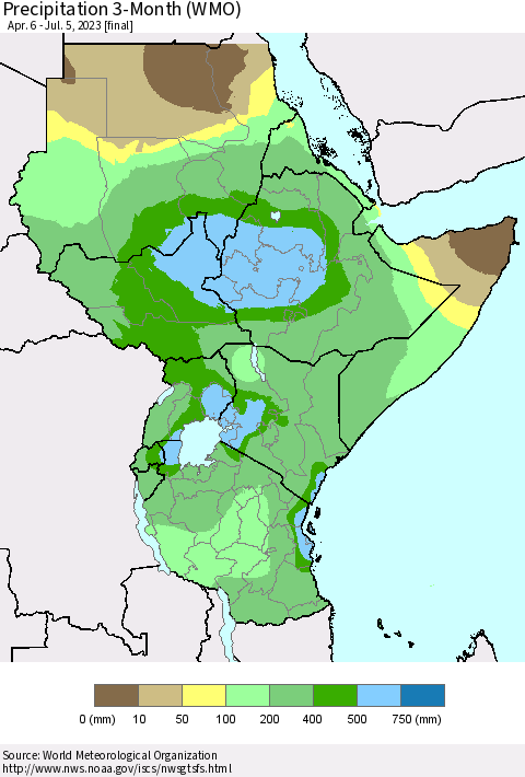 Eastern Africa Precipitation 3-Month (WMO) Thematic Map For 4/6/2023 - 7/5/2023