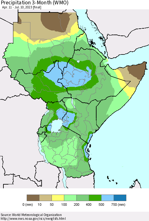 Eastern Africa Precipitation 3-Month (WMO) Thematic Map For 4/11/2023 - 7/10/2023