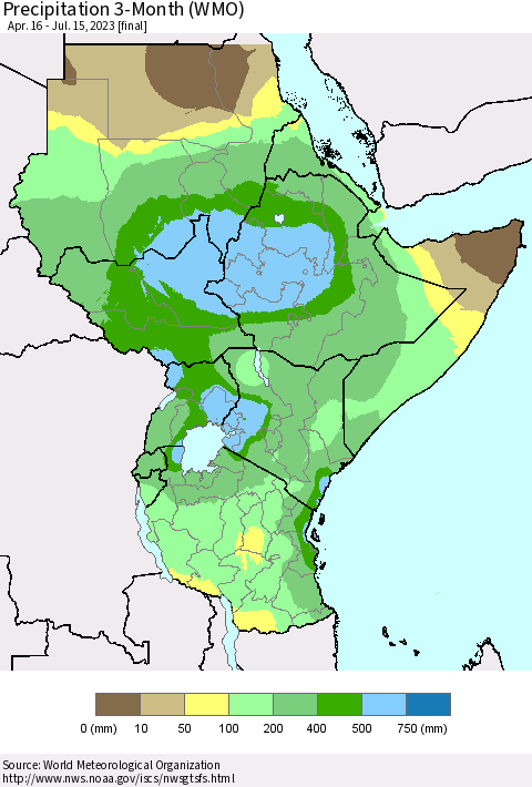 Eastern Africa Precipitation 3-Month (WMO) Thematic Map For 4/16/2023 - 7/15/2023
