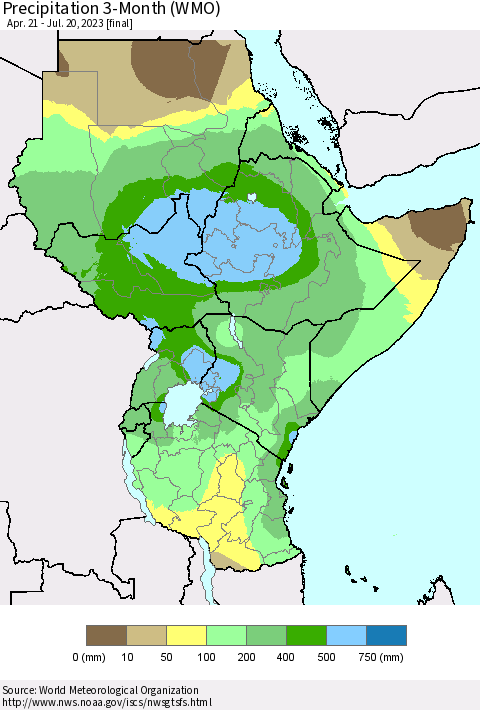 Eastern Africa Precipitation 3-Month (WMO) Thematic Map For 4/21/2023 - 7/20/2023