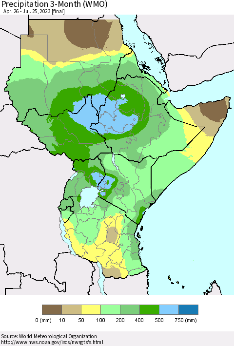 Eastern Africa Precipitation 3-Month (WMO) Thematic Map For 4/26/2023 - 7/25/2023