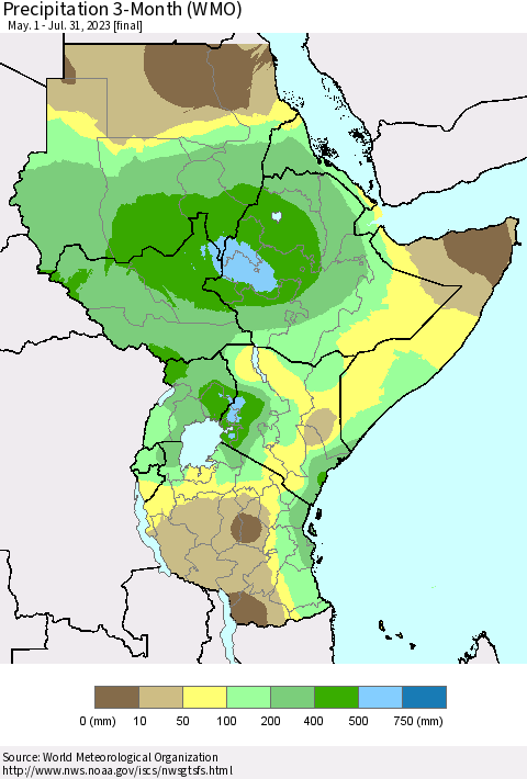 Eastern Africa Precipitation 3-Month (WMO) Thematic Map For 5/1/2023 - 7/31/2023
