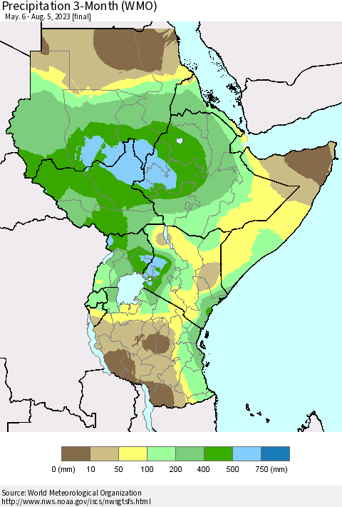 Eastern Africa Precipitation 3-Month (WMO) Thematic Map For 5/6/2023 - 8/5/2023