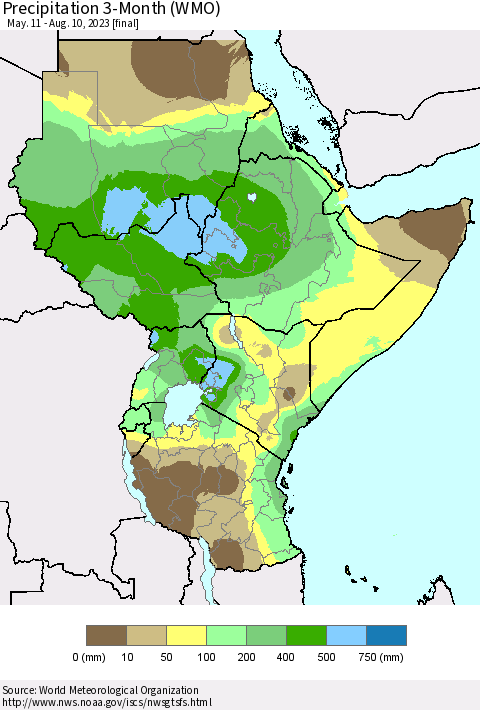 Eastern Africa Precipitation 3-Month (WMO) Thematic Map For 5/11/2023 - 8/10/2023