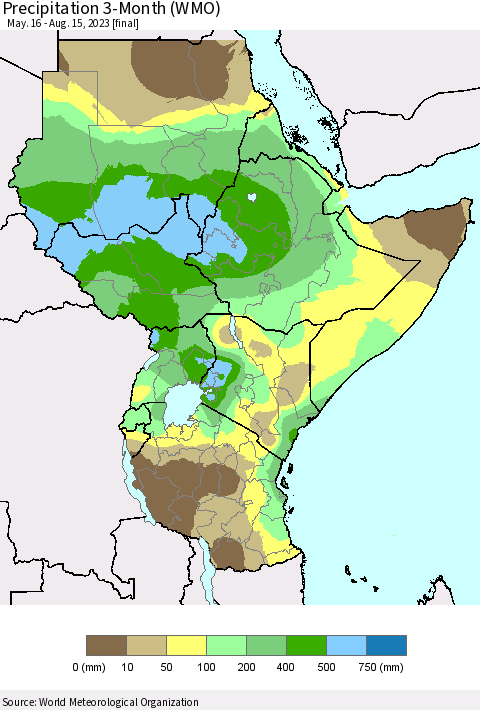 Eastern Africa Precipitation 3-Month (WMO) Thematic Map For 5/16/2023 - 8/15/2023