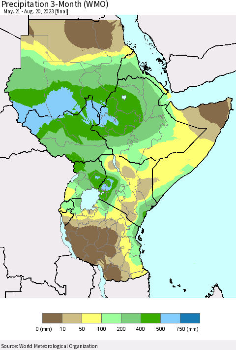 Eastern Africa Precipitation 3-Month (WMO) Thematic Map For 5/21/2023 - 8/20/2023