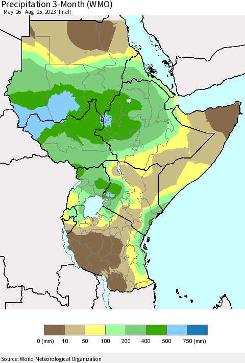 Eastern Africa Precipitation 3-Month (WMO) Thematic Map For 5/26/2023 - 8/25/2023