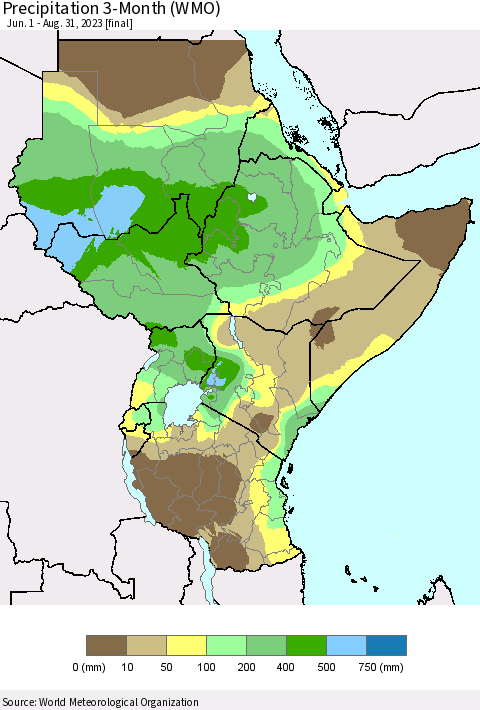 Eastern Africa Precipitation 3-Month (WMO) Thematic Map For 6/1/2023 - 8/31/2023