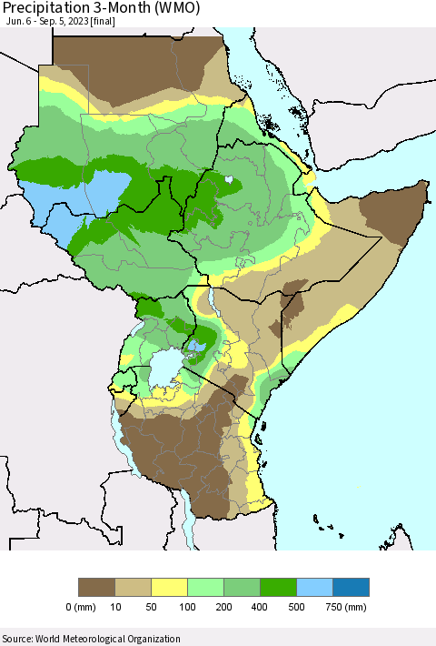 Eastern Africa Precipitation 3-Month (WMO) Thematic Map For 6/6/2023 - 9/5/2023
