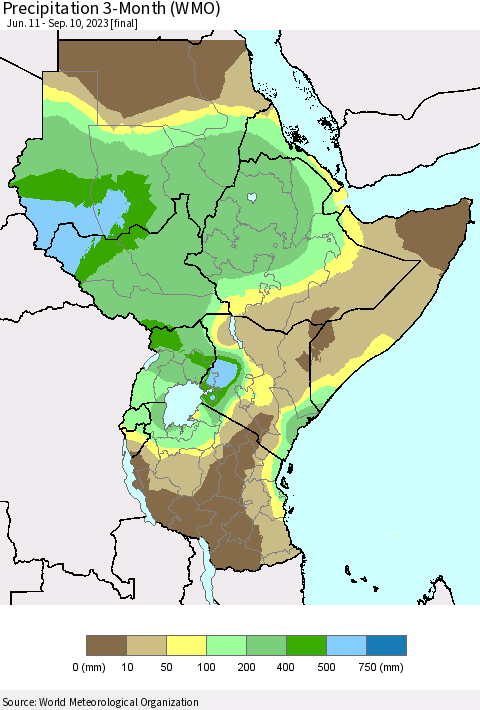 Eastern Africa Precipitation 3-Month (WMO) Thematic Map For 6/11/2023 - 9/10/2023