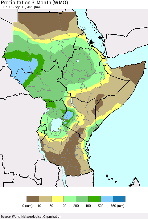 Eastern Africa Precipitation 3-Month (WMO) Thematic Map For 6/16/2023 - 9/15/2023
