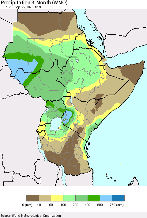 Eastern Africa Precipitation 3-Month (WMO) Thematic Map For 6/26/2023 - 9/25/2023