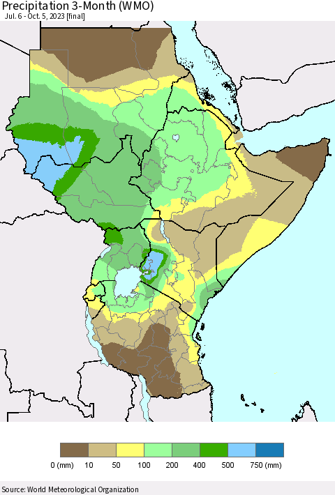 Eastern Africa Precipitation 3-Month (WMO) Thematic Map For 7/6/2023 - 10/5/2023