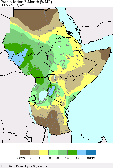 Eastern Africa Precipitation 3-Month (WMO) Thematic Map For 7/16/2023 - 10/15/2023