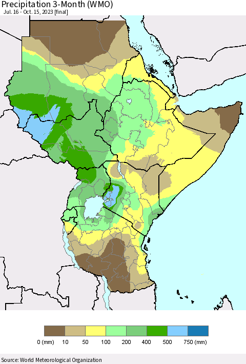 Eastern Africa Precipitation 3-Month (WMO) Thematic Map For 7/16/2023 - 10/15/2023