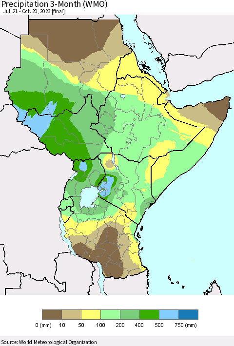 Eastern Africa Precipitation 3-Month (WMO) Thematic Map For 7/21/2023 - 10/20/2023