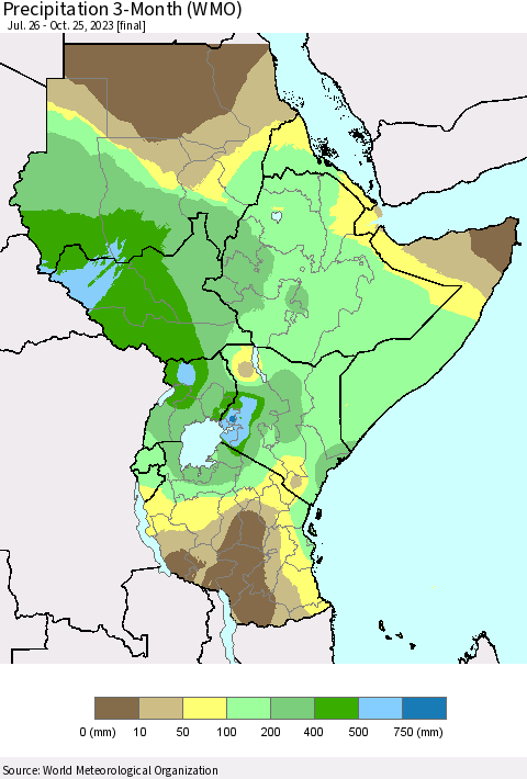 Eastern Africa Precipitation 3-Month (WMO) Thematic Map For 7/26/2023 - 10/25/2023