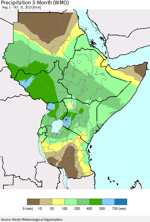Eastern Africa Precipitation 3-Month (WMO) Thematic Map For 8/1/2023 - 10/31/2023